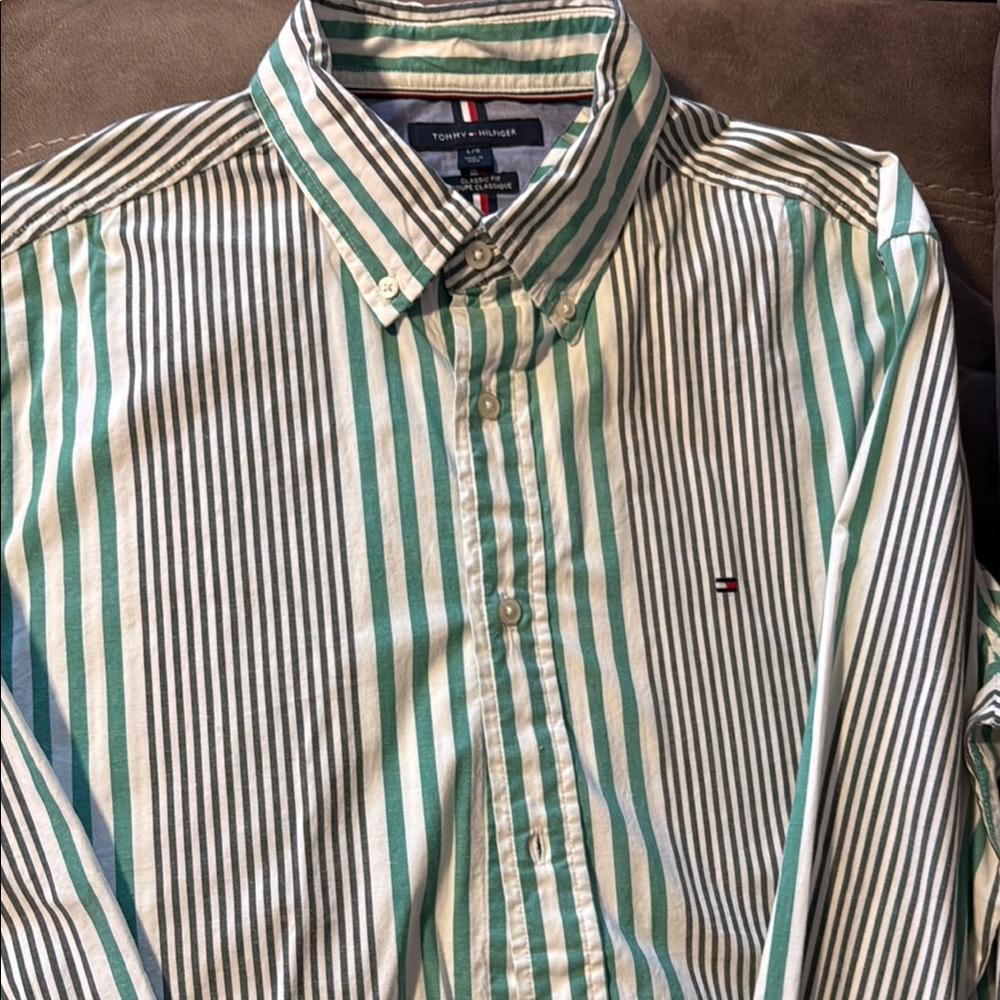 Tommy Hilfiger Green and White Striped Casual Shirt